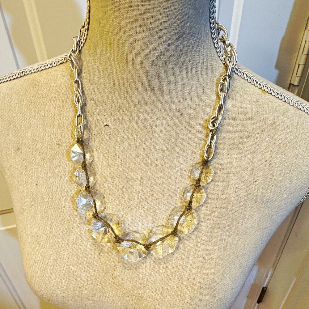 Y2K Silver Tone Link Chain Clear Round Crystal Bead Statement Necklace 24 in